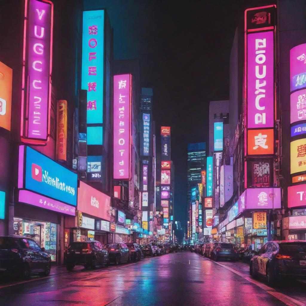 Create a visually striking YouTube banner for a music channel, using a vibrant palette of Japanese neon colours. This design should be very eye-catching, and display musical elements amid a dynamic, Neon-Tokyo cityscape backdrop.