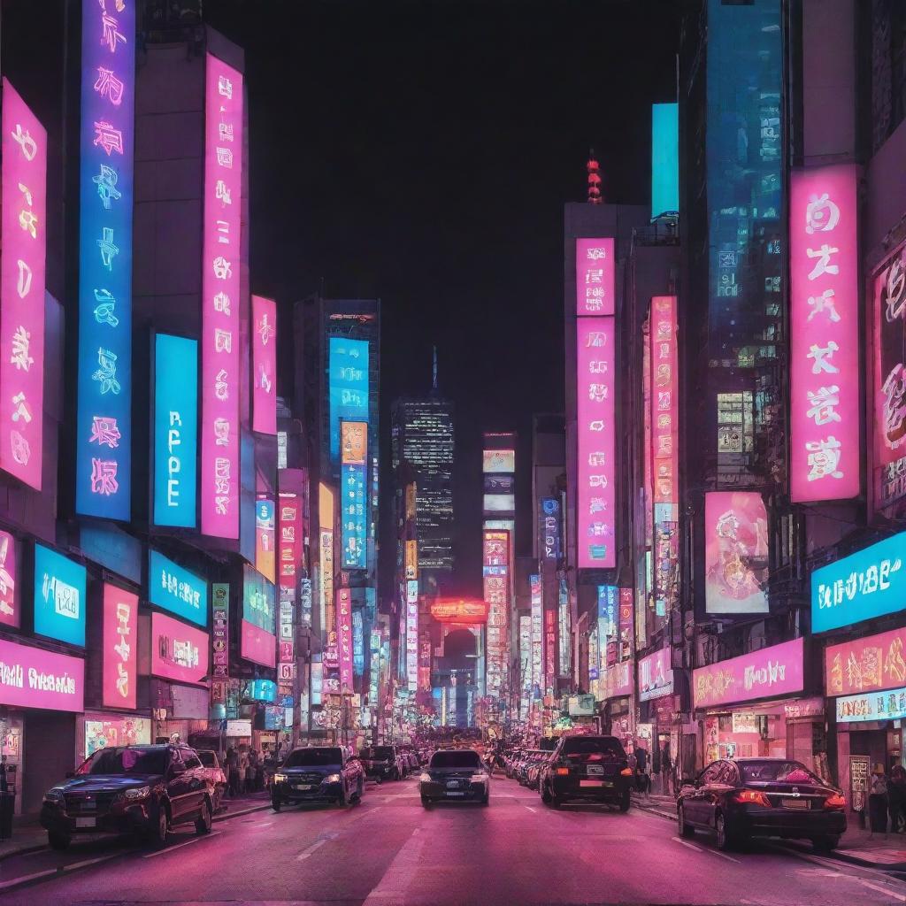 Create a visually striking YouTube banner for a music channel, using a vibrant palette of Japanese neon colours. This design should be very eye-catching, and display musical elements amid a dynamic, Neon-Tokyo cityscape backdrop.