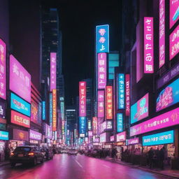 Create a visually striking YouTube banner for a music channel, using a vibrant palette of Japanese neon colours. This design should be very eye-catching, and display musical elements amid a dynamic, Neon-Tokyo cityscape backdrop.