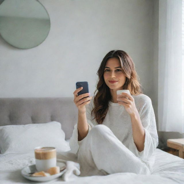 A woman sitting on a bed, holding a cup of coffee, taking a mirror selfie. The environment should be casual and cozy.