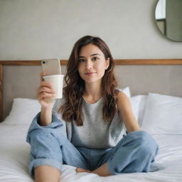 A woman sitting on a bed, holding a cup of coffee, taking a mirror selfie. The environment should be casual and cozy.