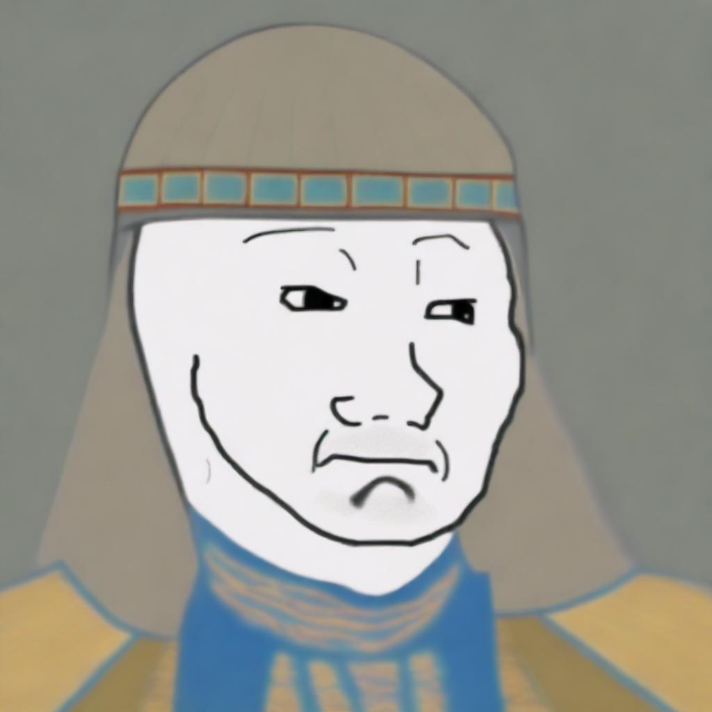 A digital art piece depicting Ghengis Khan as a Wojak character