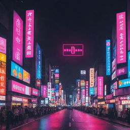 Design a YouTube banner for a music channel in a Japanese neon style. The banner should be vibrant and attention-grabbing, with imaginative use of neon colors blending with musical symbols set against a Tokyo cityscape background.