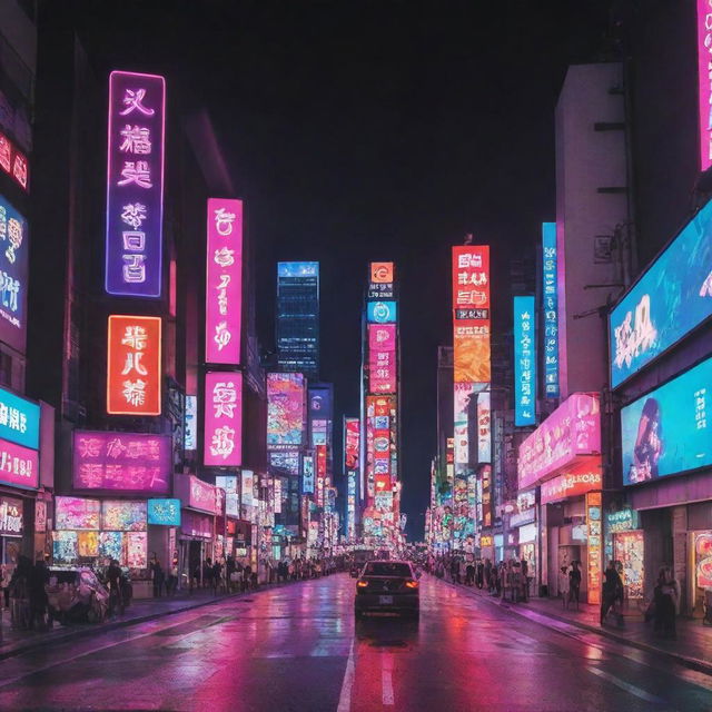 Design a YouTube banner for a music channel in a Japanese neon style. The banner should be vibrant and attention-grabbing, with imaginative use of neon colors blending with musical symbols set against a Tokyo cityscape background.