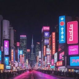 Design a YouTube banner for a music channel in a Japanese neon style. The banner should be vibrant and attention-grabbing, with imaginative use of neon colors blending with musical symbols set against a Tokyo cityscape background.