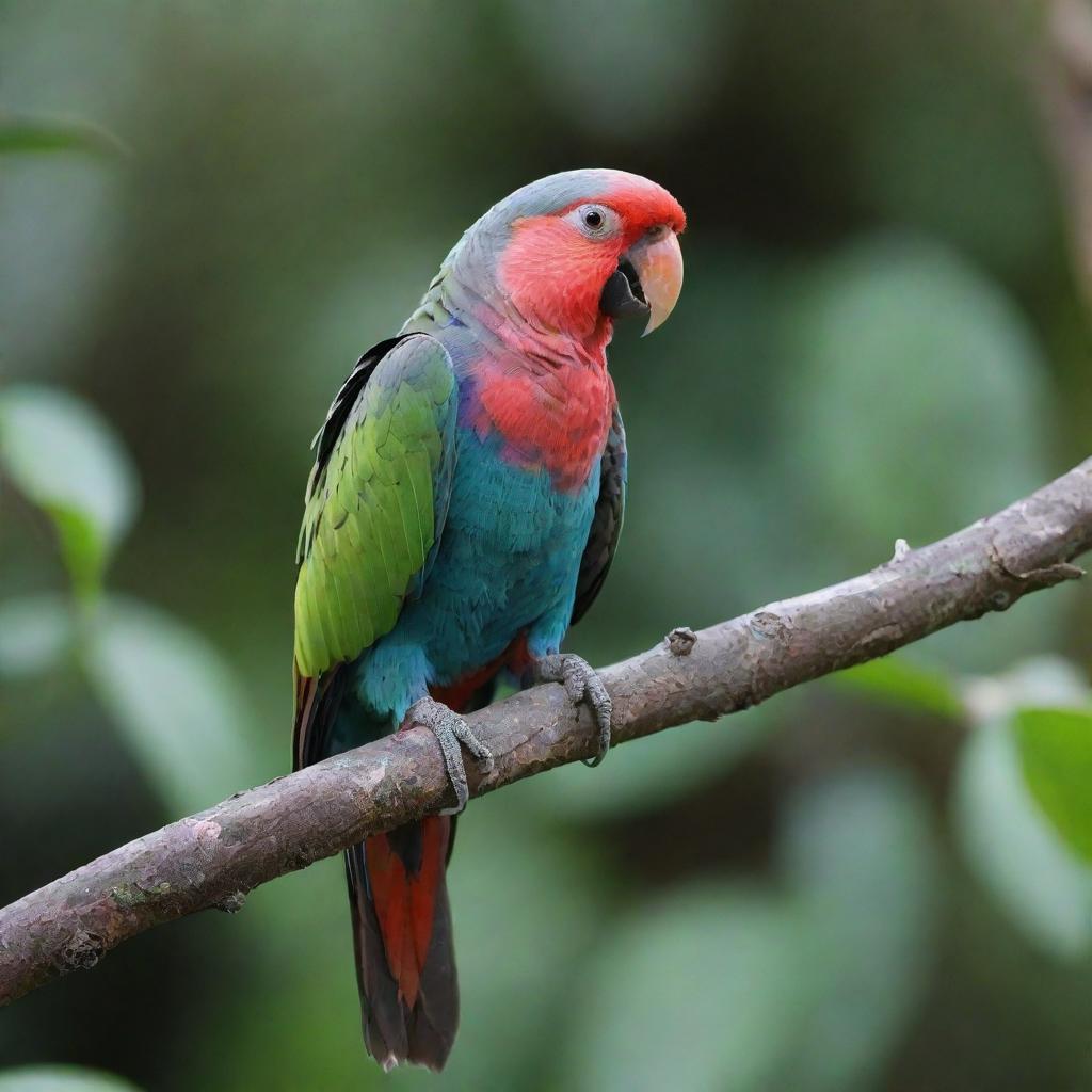 An unusual, bald parrot with vivid, smooth skin standing on a branch