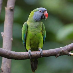 An unusual, bald parrot with vivid, smooth skin standing on a branch