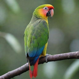 An unusual, bald parrot with vivid, smooth skin standing on a branch