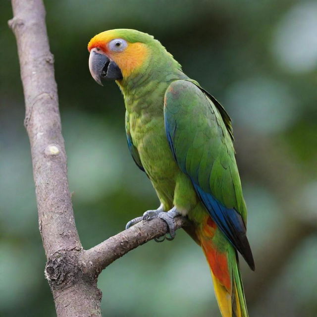 An unusual, bald parrot with vivid, smooth skin standing on a branch