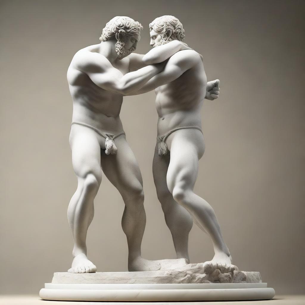 A high-resolution digital art of an ancient Greek marble statue, showcasing two fighters in mid-action