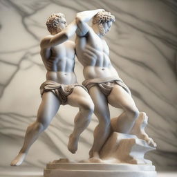 A high-resolution digital art of an ancient Greek marble statue, showcasing two fighters in mid-action