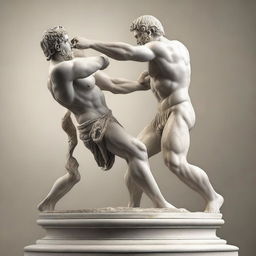 A high-resolution digital art of an ancient Greek marble statue, showcasing two fighters in mid-action