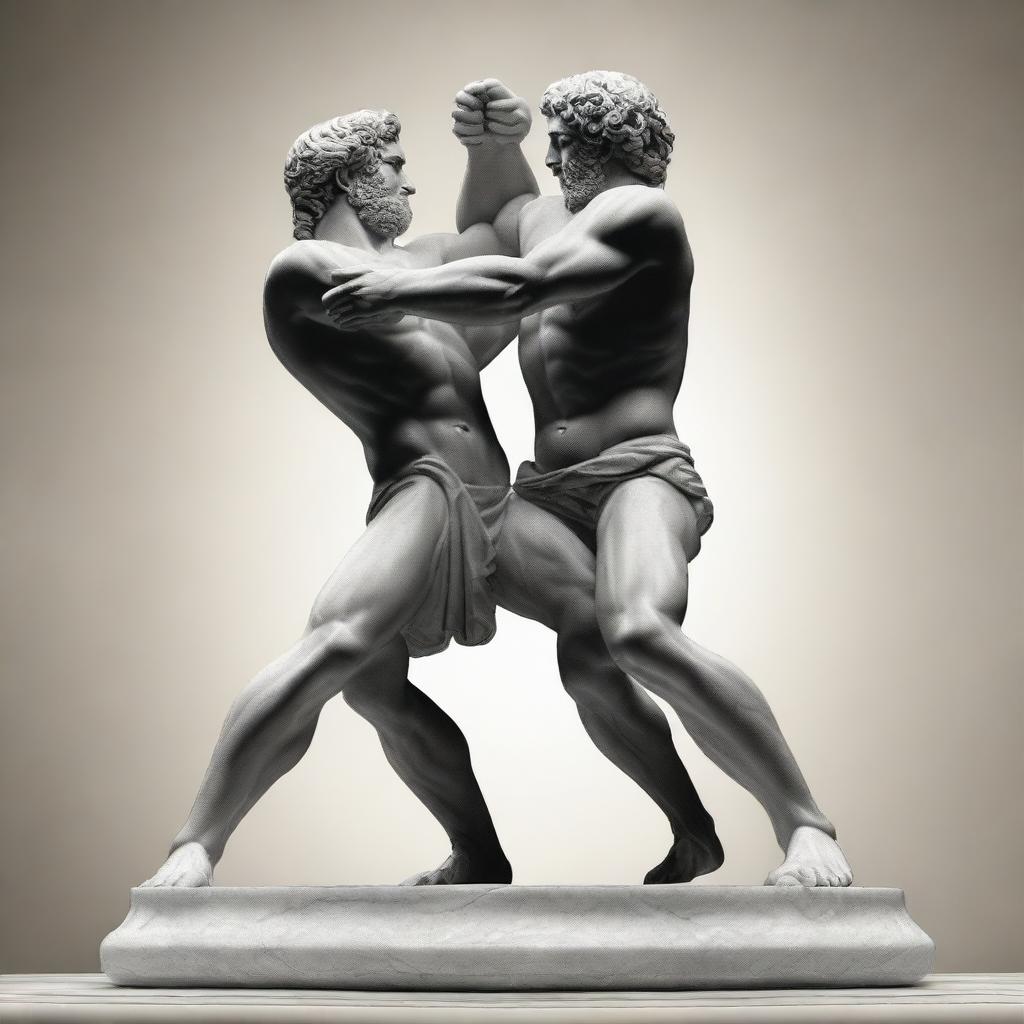 A top-quality digital art piece portraying an ancient Greek marble statue of two wrestlers