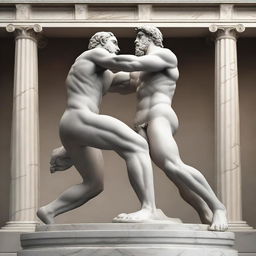 A top-quality digital art piece portraying an ancient Greek marble statue of two wrestlers