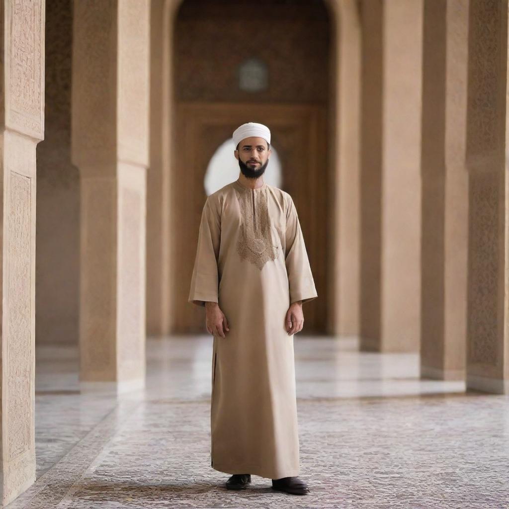 A kind-looking man in traditional Muslim attire, such as a taqiyah and thobe, amidst the serenity of a beautiful mosque