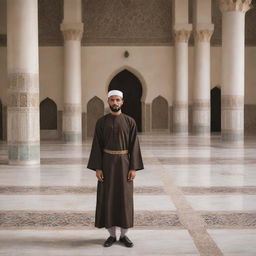 A kind-looking man in traditional Muslim attire, such as a taqiyah and thobe, amidst the serenity of a beautiful mosque