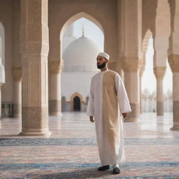 A kind-looking man in traditional Muslim attire, such as a taqiyah and thobe, amidst the serenity of a beautiful mosque