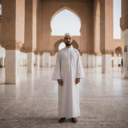 A kind-looking man in traditional Muslim attire, such as a taqiyah and thobe, amidst the serenity of a beautiful mosque