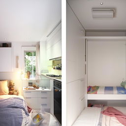 Maximize a 3x4 meter single-room home for dual-function use as a cozy bedroom and a practical kitchen, with smart space utilization.