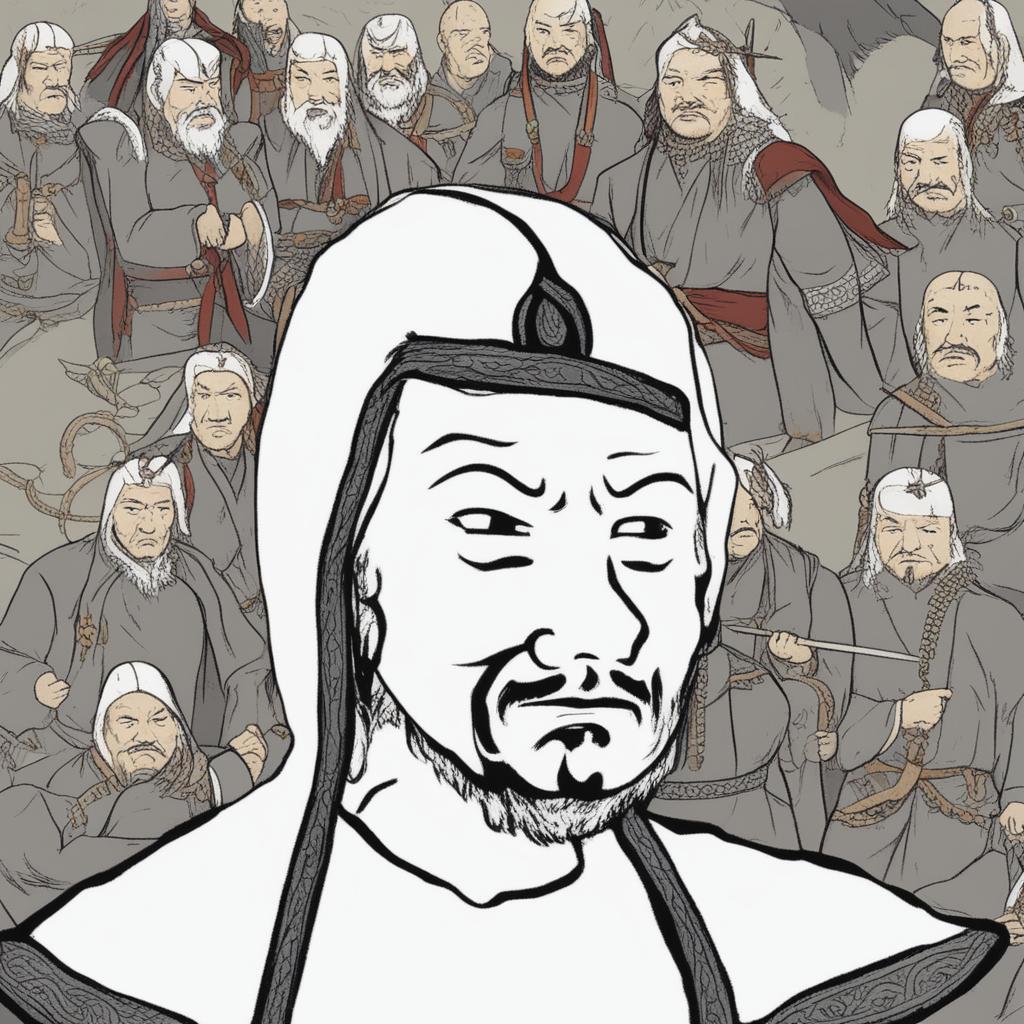 A high-quality digital art image depicting Ghengis Khan as a Wojak character