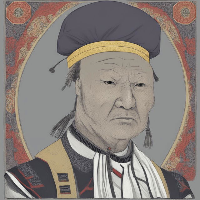 A high-quality digital art image depicting Ghengis Khan as a Wojak character