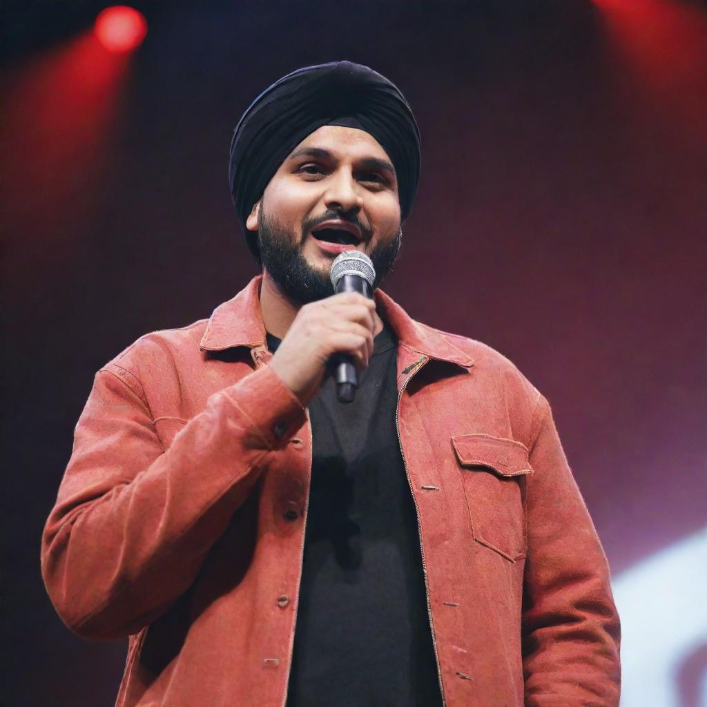 Sidhu Moose Wala, a prominent Punjabi singer and songwriter, performing on stage under bright lights with a microphone in hand