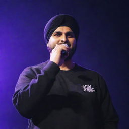 Sidhu Moose Wala, a prominent Punjabi singer and songwriter, performing on stage under bright lights with a microphone in hand