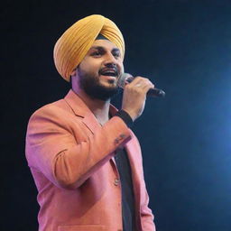 Sidhu Moose Wala, a prominent Punjabi singer and songwriter, performing on stage under bright lights with a microphone in hand