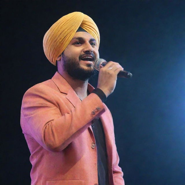 Sidhu Moose Wala, a prominent Punjabi singer and songwriter, performing on stage under bright lights with a microphone in hand