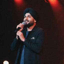 Sidhu Moose Wala, a prominent Punjabi singer and songwriter, performing on stage under bright lights with a microphone in hand