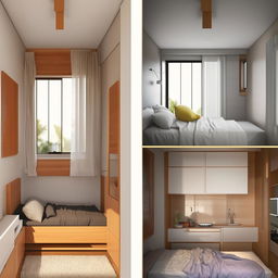 Maximize a 3x4 meter single-room home for dual-function use as a cozy bedroom and a practical kitchen, with smart space utilization.