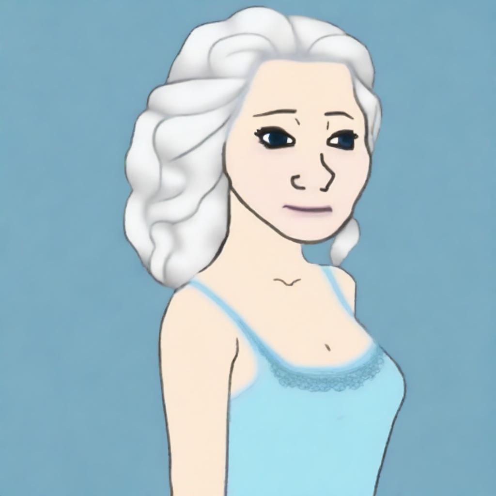 A high-quality digital art piece featuring Elsa from Frozen in the style of a Wojak meme