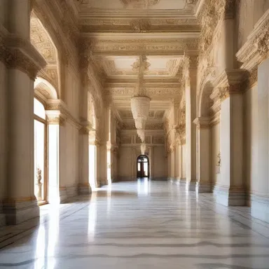 The grand entrance hall of the palace featured a stunning marble passage, leading visitors into the opulent reception rooms.