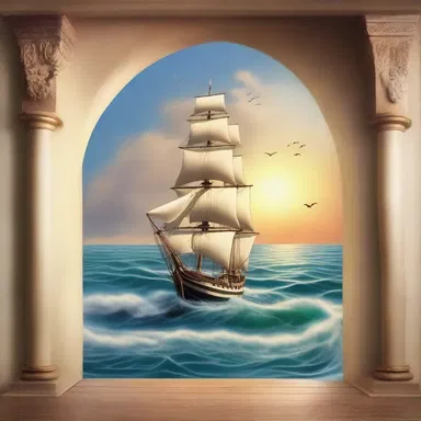 The artist depicted a beautiful seascape with a ship sailing through the passage, symbolizing a journey to new horizons.