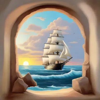 The artist depicted a beautiful seascape with a ship sailing through the passage, symbolizing a journey to new horizons.