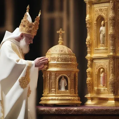According to the scripture, the passage of the holy relic from the bishop's hands to the saint's was deemed miraculous.