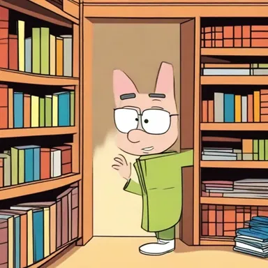 In the cartoon, the character discovered a secret passage hidden behind a bookshelf.