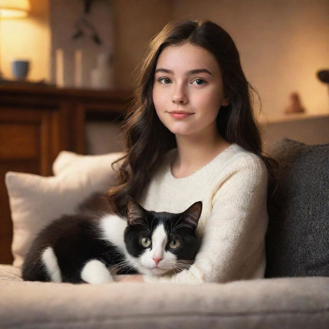 Disney Pixar style image of a young brunette girl with her black and white cat in a cozy, warm setting.