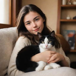 Disney Pixar style image of a young brunette girl with her black and white cat in a cozy, warm setting.