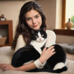 Disney Pixar style image of a young brunette girl with her black and white cat in a cozy, warm setting.