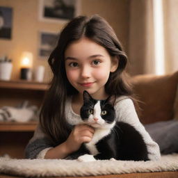 Disney Pixar style image of a young brunette girl with her black and white cat in a cozy, warm setting.