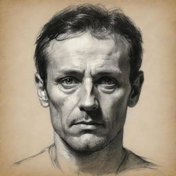 Sketch of a man with long, intense gaze exuding an enigmatic aura