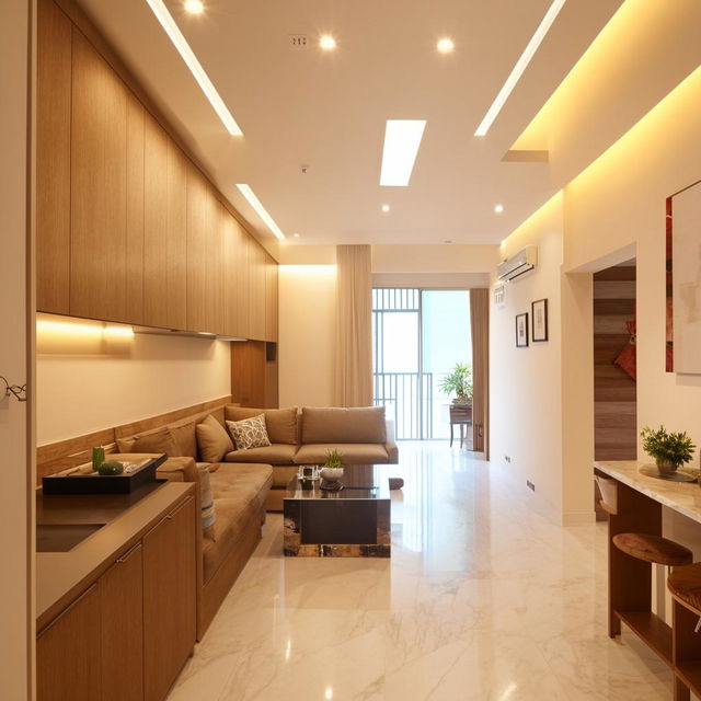 Cost-effective luxurious interior design, 1240 sq ft 2 BHK apartment, chic and spacious with modern amenities.