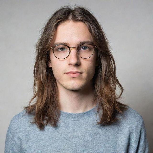 Portrait of a young man with glasses and long hair, radiating intellect and coolness