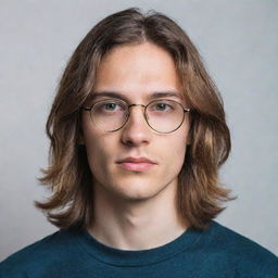 Portrait of a young man with glasses and long hair, radiating intellect and coolness