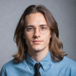 Portrait of a young man with glasses and long hair, radiating intellect and coolness