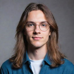 Portrait of a young man with glasses and long hair, radiating intellect and coolness