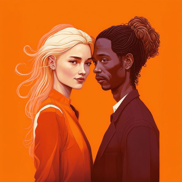 A detailed digital illustration of an interracial couple, featuring a blond white man and a black woman