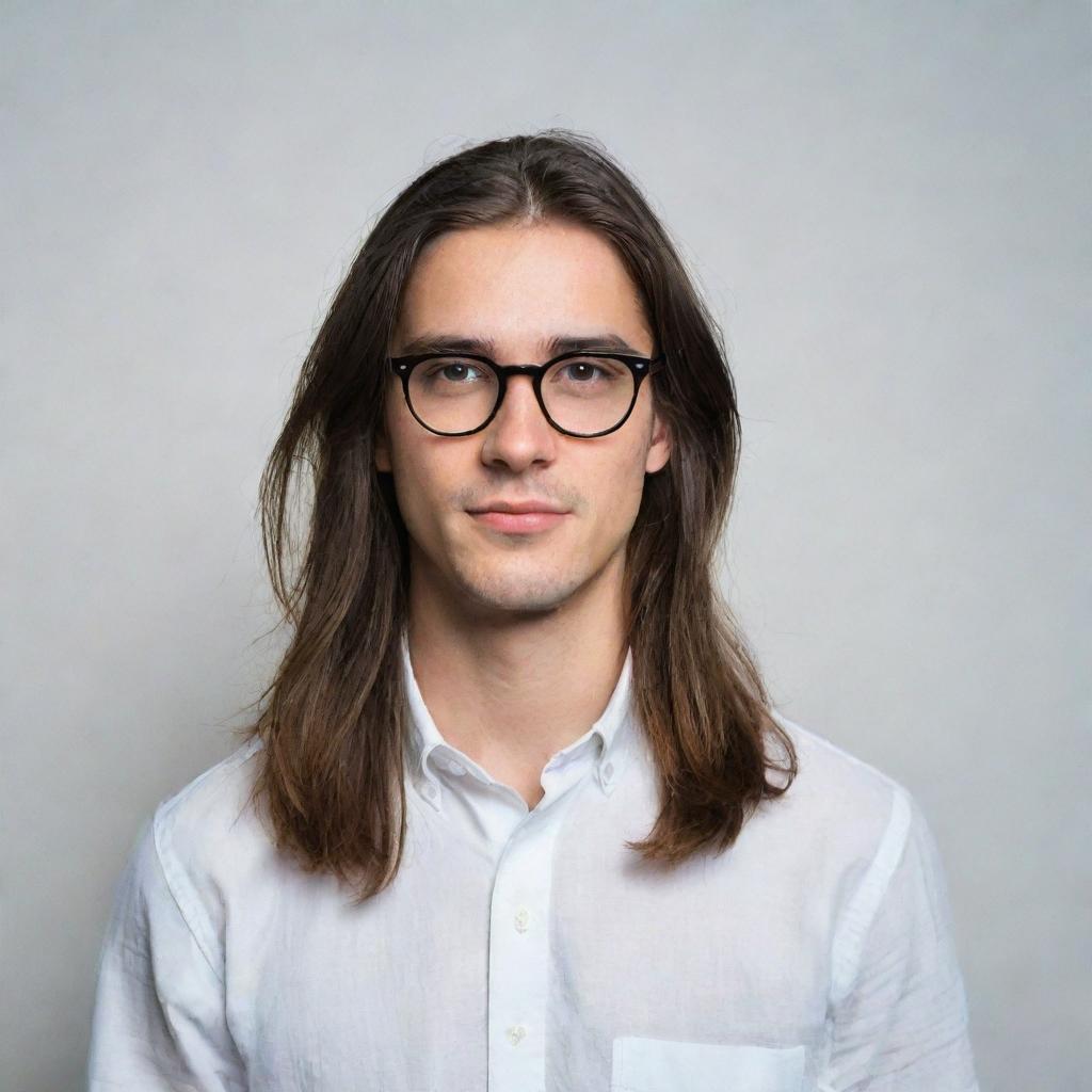 Portrait of a young man sporting black glasses and long hair, embodying a classic eclectic style