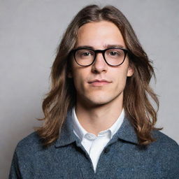 Portrait of a young man sporting black glasses and long hair, embodying a classic eclectic style